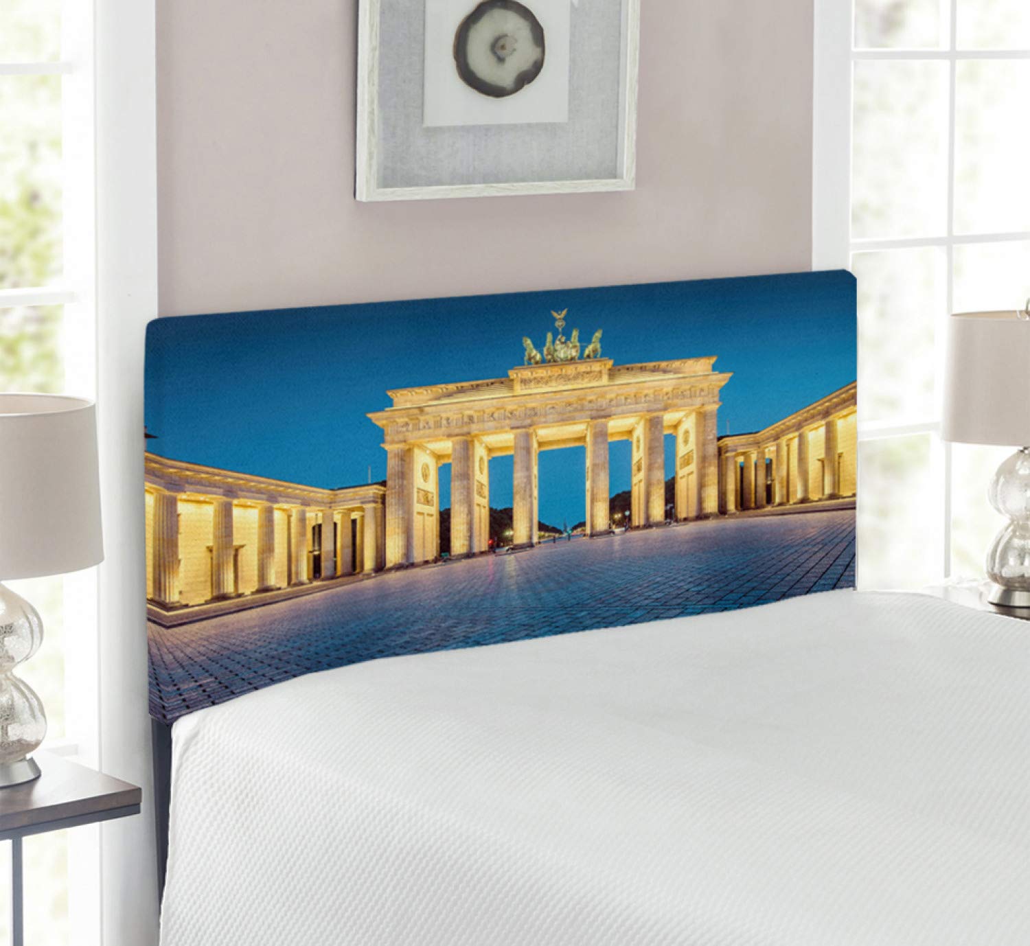 Ambesonne Travel Headboard - Classic Brandenburg Gate Germany Landmark Design, Upholstered Decorative Metal Bed Headboard with Memory Foam, Twin Size in Blue, Yellow & Pink | Perfect for Bedroom Decor, Guest Rooms & Vacation Rental Styling
