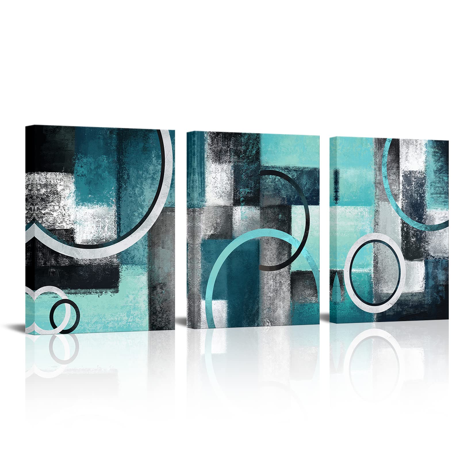 Abstract Geometric Canvas Wall Art - Teal & Grey Prints for Living Room & Bedroom Decor