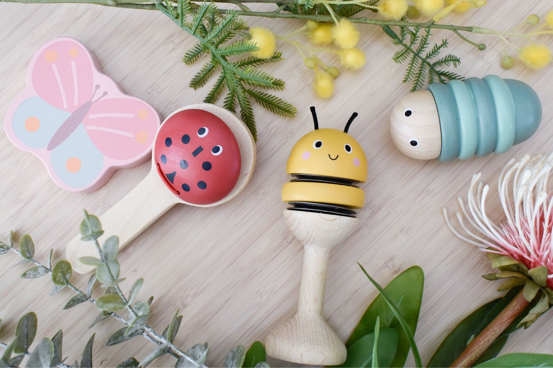 4-Piece Wooden Spring Insect Music Box Set - Perfect for Kids' Room Decor, Baby Shower Gifts & Nature-Themed Nursery