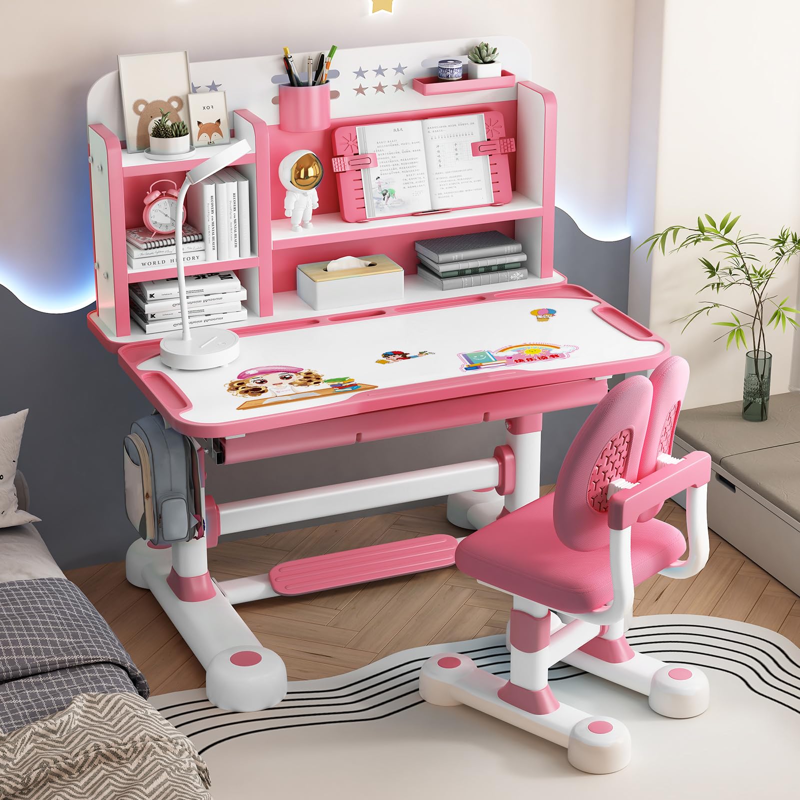 Adjustable Kids Study Desk and Chair Set with Tiltable Desktop, Book Stand & Footrest - Ergonomic Children's Writing Table for Homework, Reading & Drawing (Pink) - Perfect for Bedrooms, Playrooms & Homeschooling