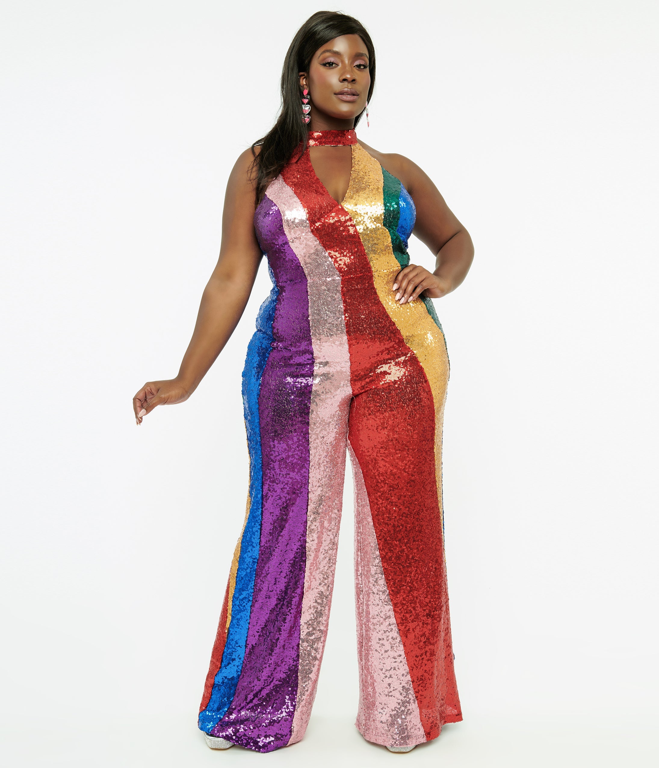 Smak Parlour Plus Size 1960s Rainbow Sequin Glamour Goddess Jumpsuit - Vintage Retro Party Outfit for Women, Perfect for Halloween, Cosplay, and Stage Performances