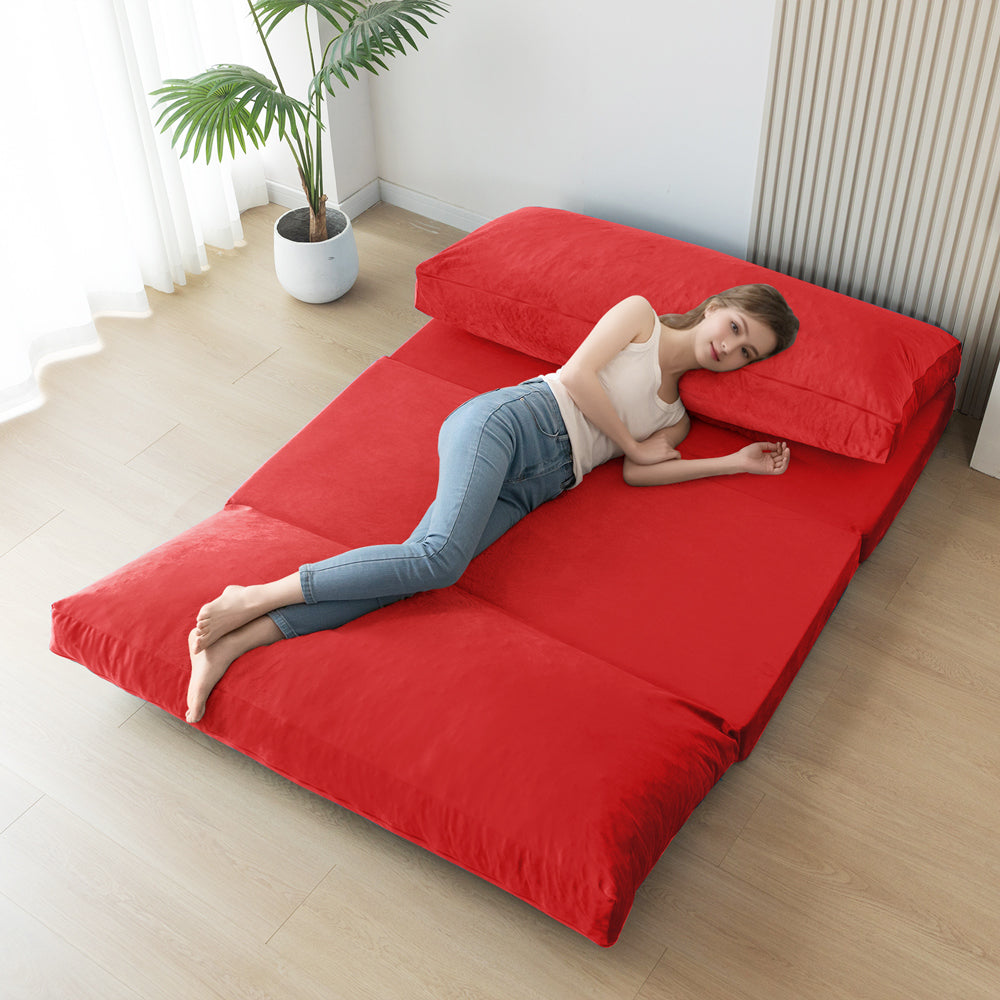 MAXYOYO Velvet Bean Bag Folding Sofa Bed - Washable Cover for Adults, Red | Comfortable Floor Seating for Living Room, Bedroom & Game Room