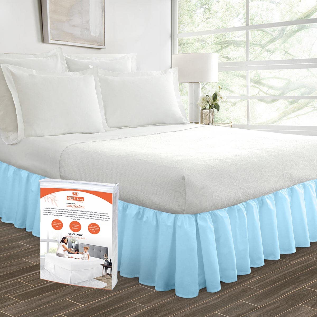 SGI Bedding 18 Inch Ruffled Microfiber Bed Skirt - Fade & Wrinkle Resistant, Anti-Static King Size Bed Skirt with Extra Storage Space - Light Blue Decorative Bed Skirt for Clutter-Free Bedroom & Guest Room Makeover
