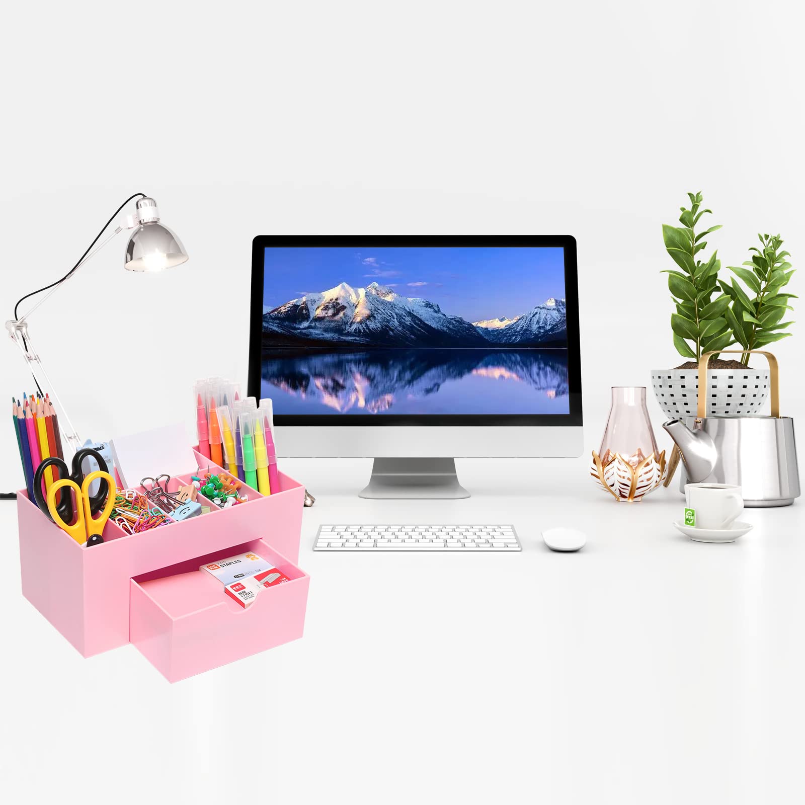 Pink 8-Compartment Desk Organizer with Pen Holder & Pencil Cup - Office Supplies for Desk Organization | Perfect for Home Office, School & Workspace Accessories
