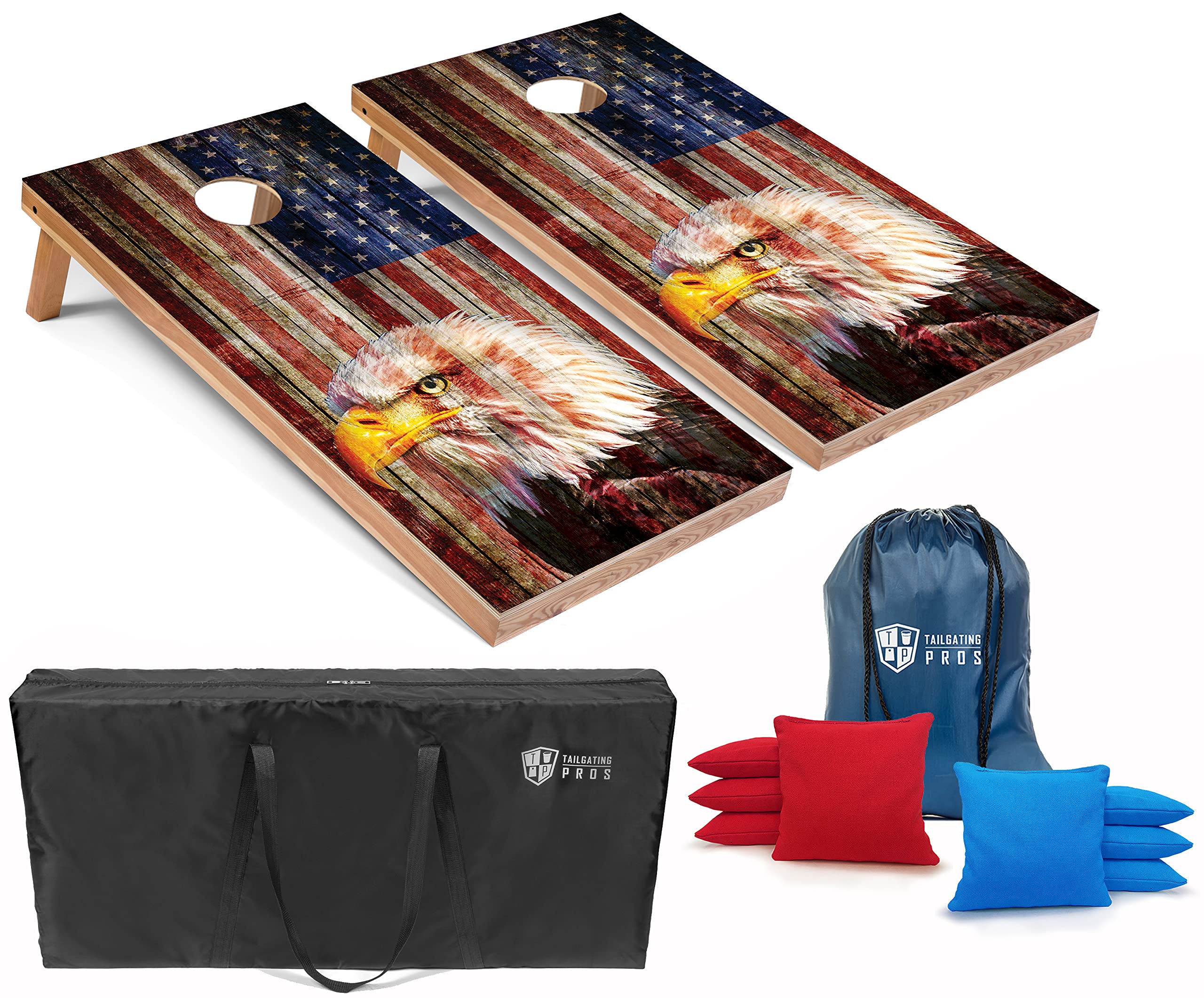 Patriotic Eagle US Flag Cornhole Board Set with Bean Bags & Carrying Case - 4'x2' Premium Outdoor Toss Game for Tailgating, Backyard Parties, BBQs - Optional LED Lights for Night Play