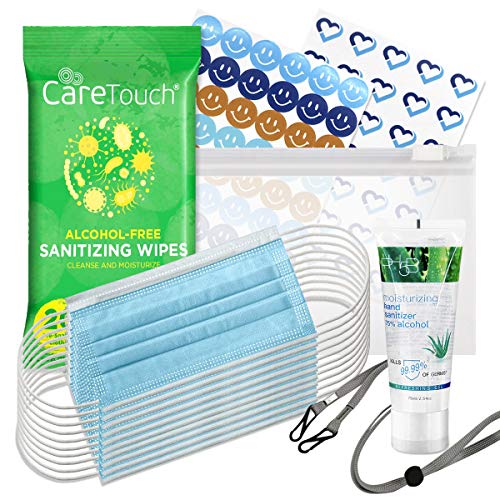 RightCare Back to School & Travel PPE Kit for Kids - 5-Pack Child Face Masks, Hand Sanitizer, Sanitizing Wipes, Mask Lanyard & Fun Stickers | School Supplies, Airplane Travel Essentials & Daily Protection