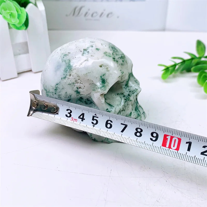 Natural Moss Agate Skull Carving - Mini Crystal Stone Figurine (425g) for Home Decor, Witchcraft Altar, Halloween Decoration & Spiritual Gift - Handcrafted Healing Stone for Meditation, Yoga & Energy Work