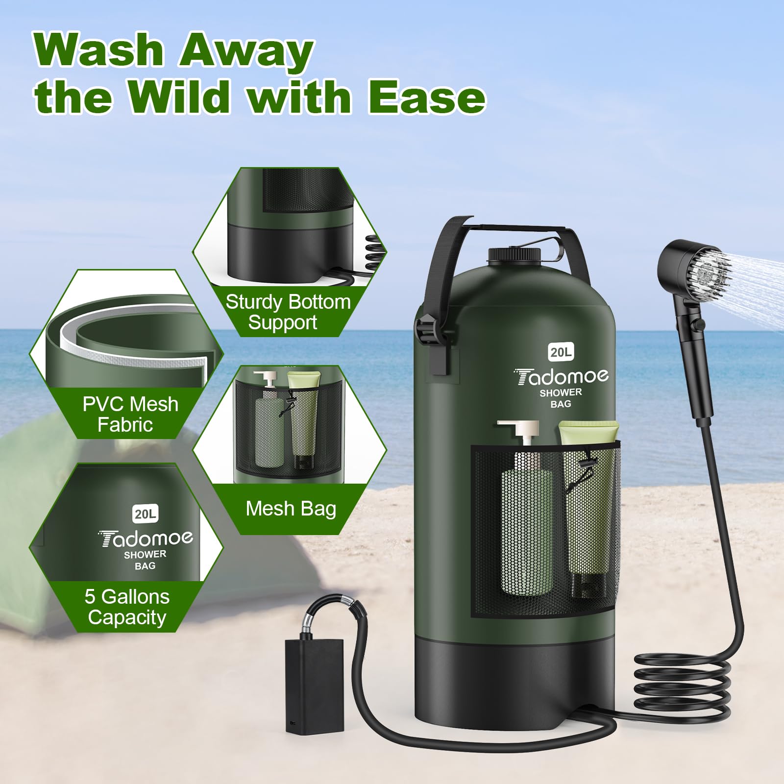 5-Gallon Portable Camping Shower with Battery-Powered Pump & LED Flashlight - Lightweight Outdoor Shower Bag for Hiking, Beach Trips & RV Use - Enjoy Home Shower Experience Anywhere