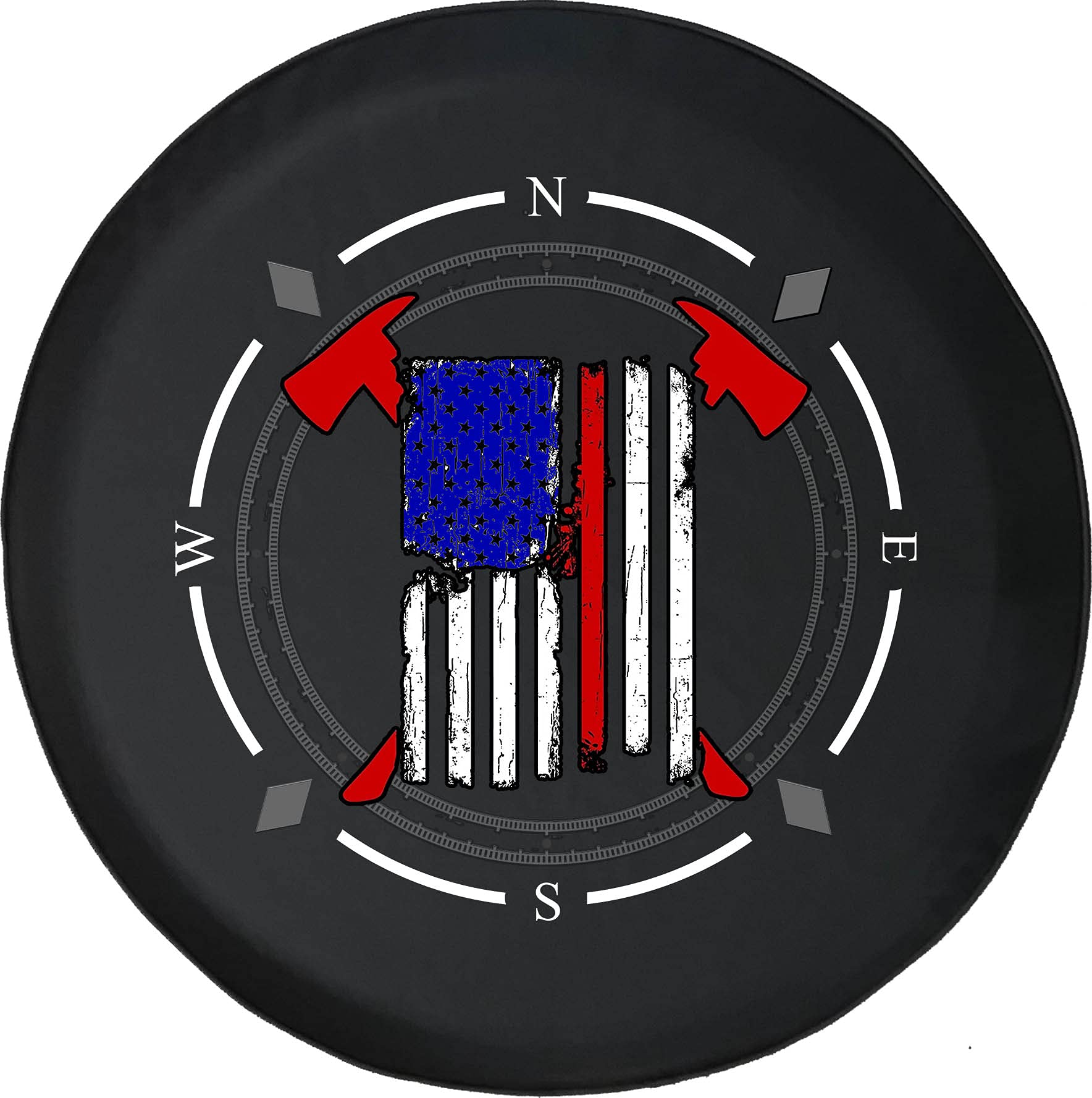 American Flag Spare Tire Cover with Compass & Red Line - Heavy Duty SUV, Trailer, RV Wheel Cover for Fire Department & Off-Road Vehicles | Durable Outdoor Accessory for Camping & Adventure Travel