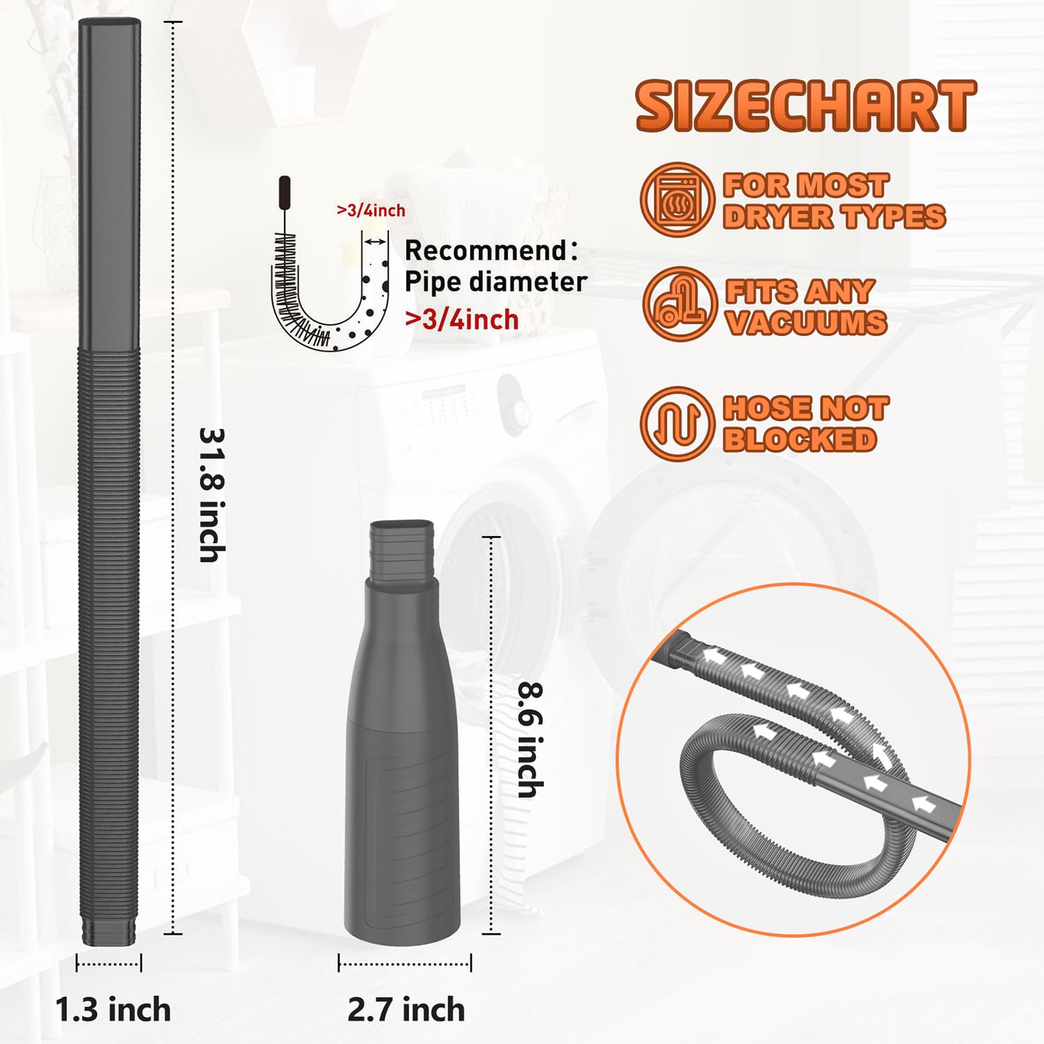 Dryer Vent Cleaner Kit with Vacuum Hose Attachment - Fast Lint Remover for Dryer Ducts (Black) | Ideal for Home Laundry Maintenance & Fire Prevention