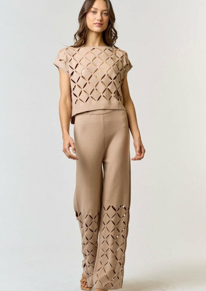 Stylish Cut Out Detail Sweater Pants in Taupe - Cozy Lounge Pants for Women, Perfect for Home Relaxation & Casual Outings