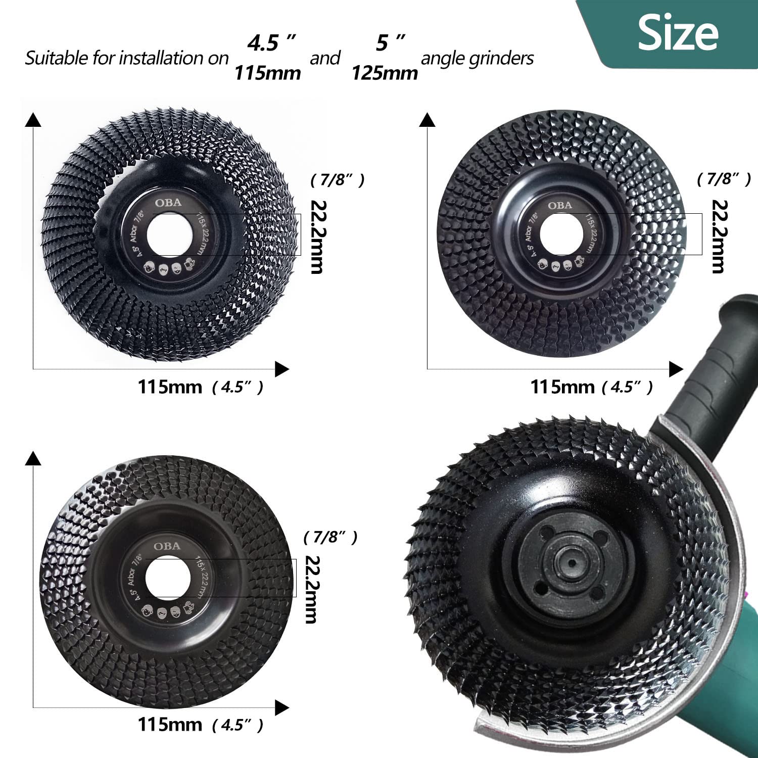 OBA 3-Piece Wood Carving Disc Set - 4-1/2 Inch Angle Grinder Wood Grinding Wheels with 7/8 Inch Arbor for Woodworking, Sanding & Polishing - Perfect for DIY Projects, Furniture Making & Crafting