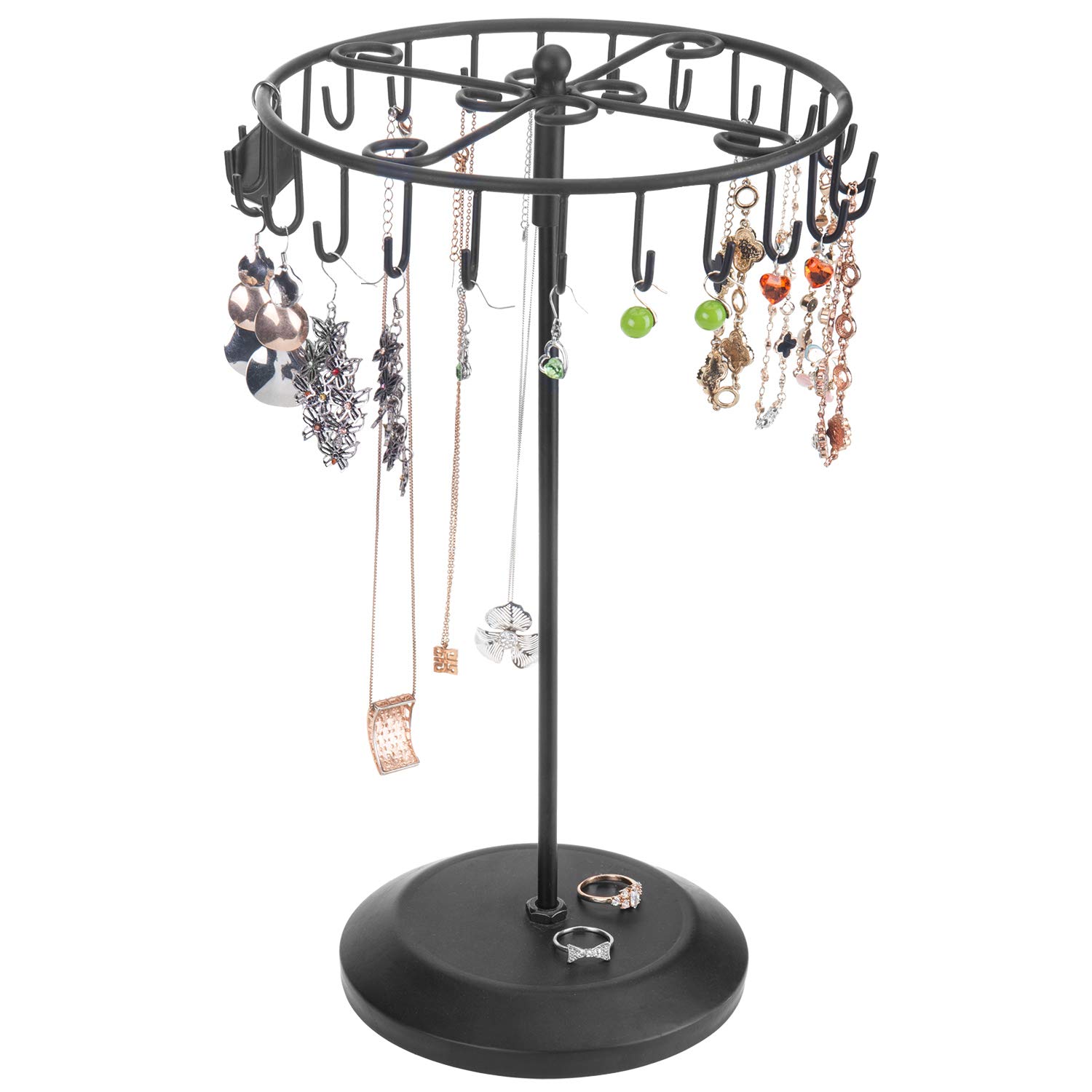 MyGift Black Metal Rotating Jewelry Stand Organizer - 24 Hook Freestanding Display Tree for Bracelets, Necklaces & Earrings | Perfect for Bedroom, Boutique & Jewelry Store Organization