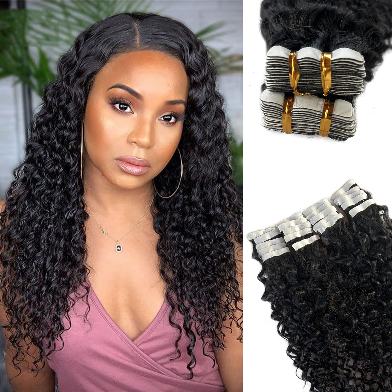 Munx 22inch Black Tape in Hair Extensions - 50g 20pcs Natural Curly Human Hair Weft - Remy Quality Black Wave Hair Extensions for Length & Volume - Perfect for Parties, Weddings & Daily Styling