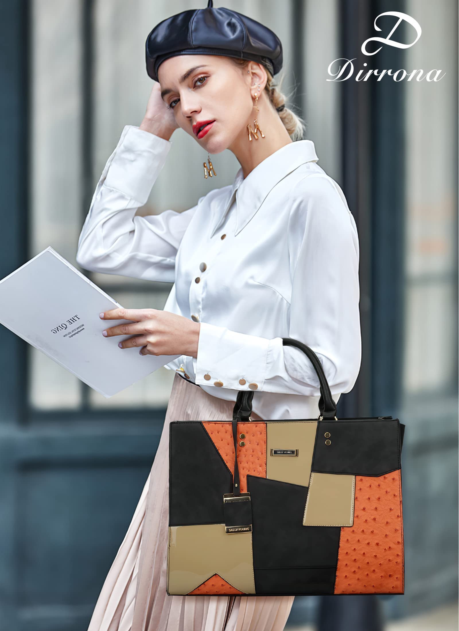 DIRRONA Women's PU Leather Crossbody Shoulder Bag - Large Tote Handbag with Contrasting Color Design (Brown) | Perfect for Work, Travel & Everyday Use