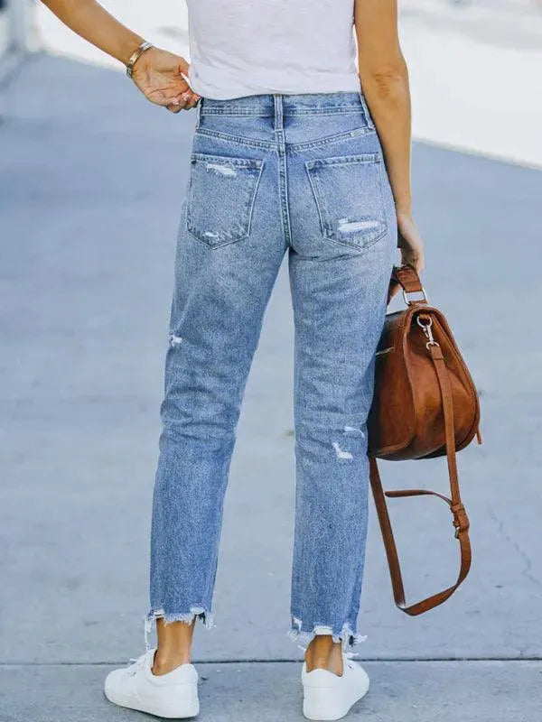 Women's Ripped Straight Leg Jeans - Distressed Denim Pants for Casual Wear, Street Style & Everyday Outfits | Trendy High Waist Vintage Blue Jeans for Women