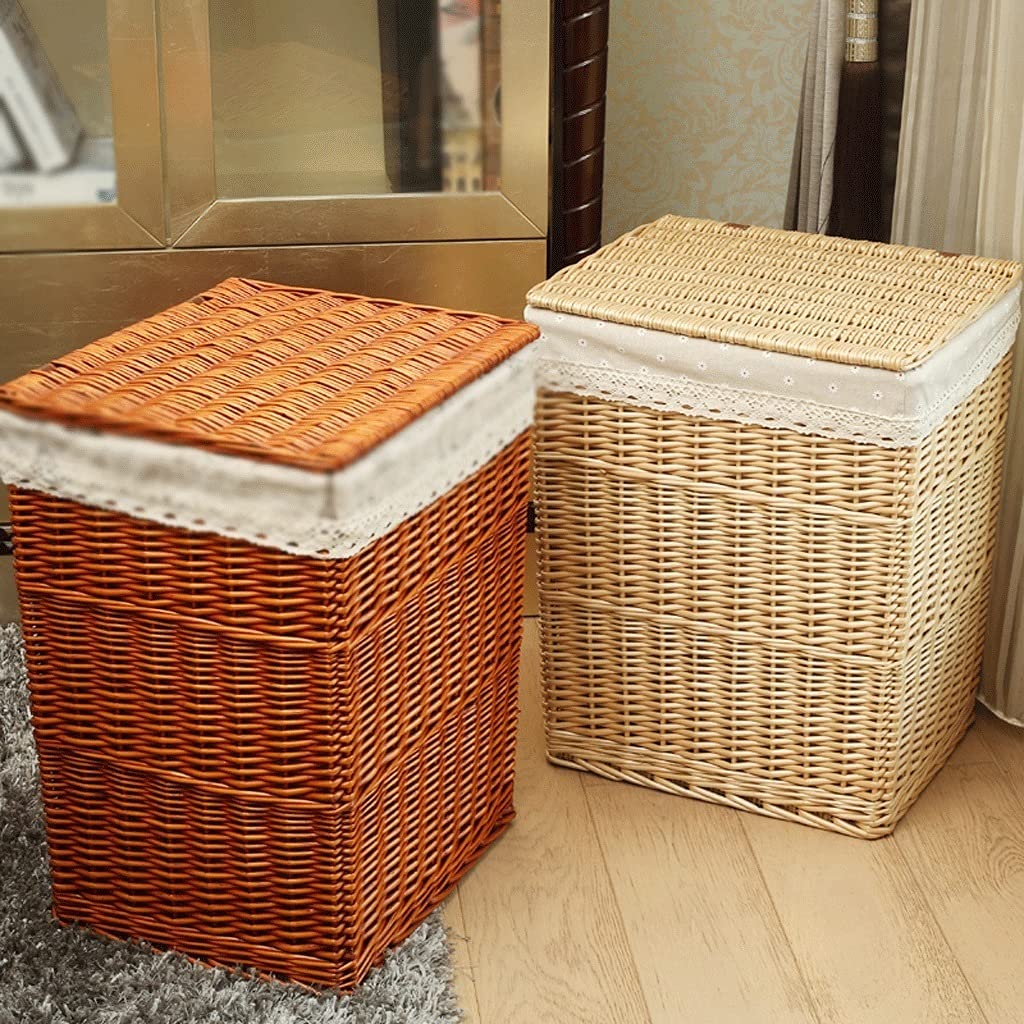 Wicker Basket with Lid - 30x25x38cm Storage Basket for Home Organization, Gifts, Shelves, Shoes, Laundry & Clothes | Natural Woven Fabric Bin for Bedroom, Bathroom & Closet Storage
