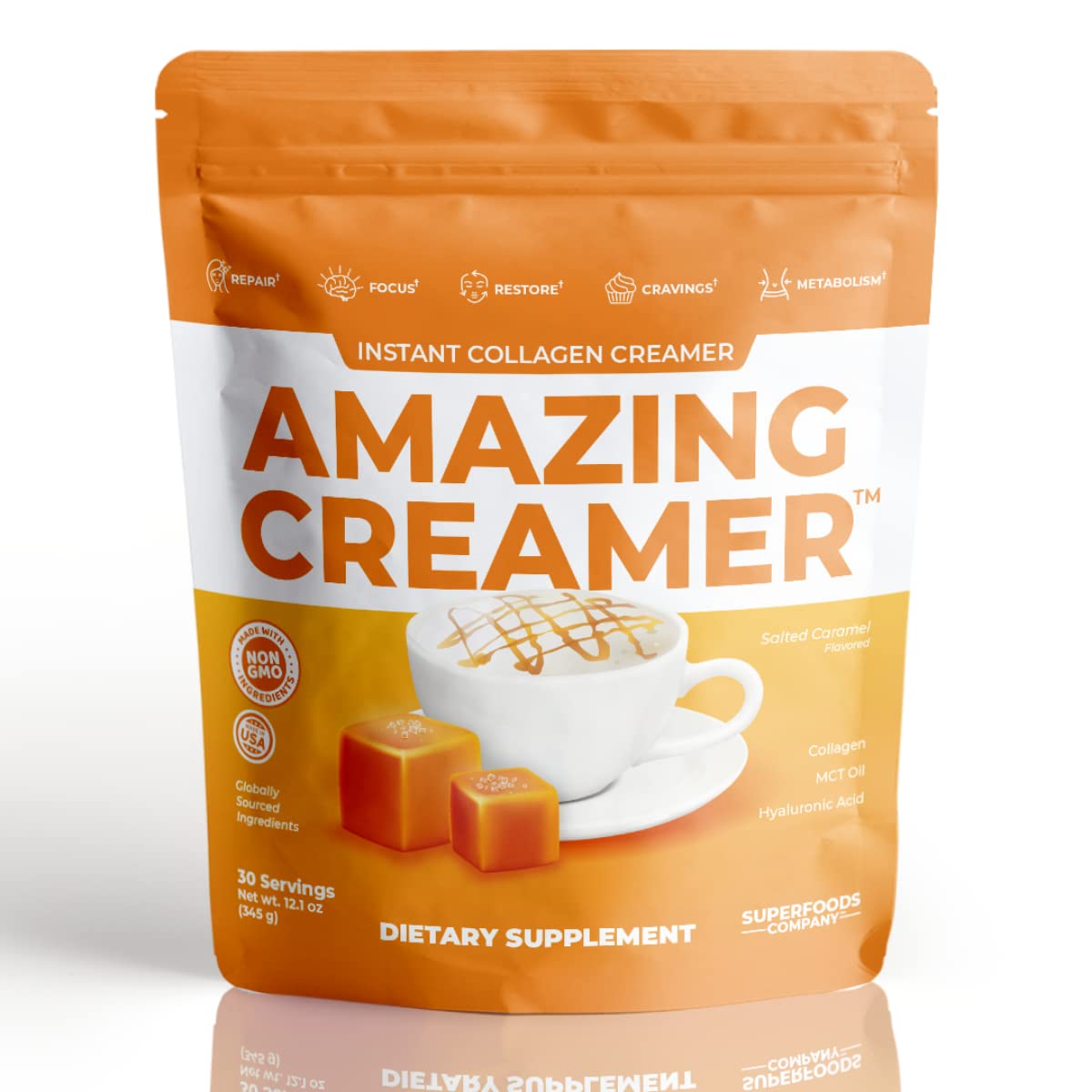 Keto Collagen Creamer with Hyaluronic Acid & MCT Oil - Brain Booster & Appetite Suppressant - Supports Skin & Hair Health - 30 Servings Salted Caramel Flavor | Perfect for Coffee, Smoothies & Keto Diet
