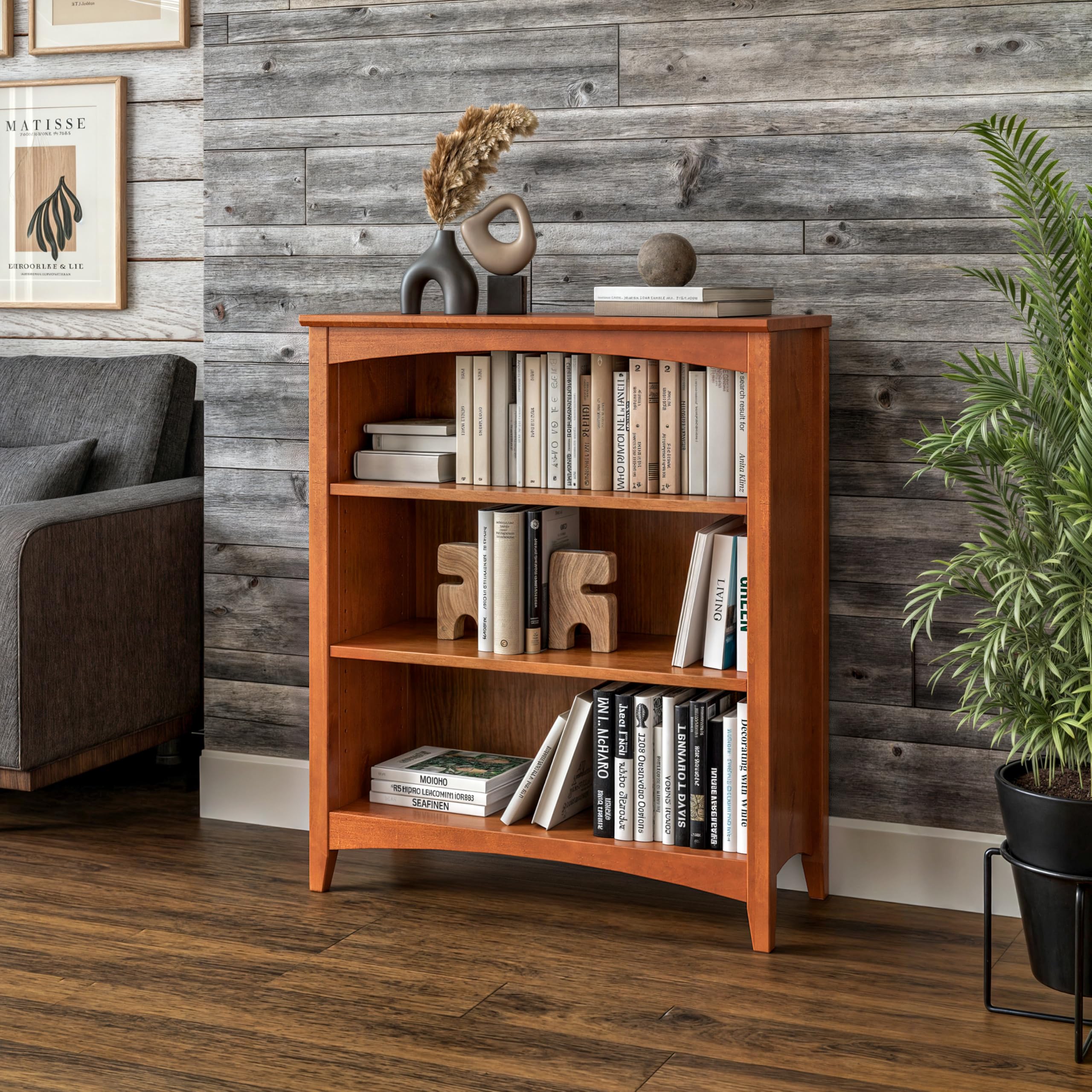 Shaker Style Bookcase 36 Inches Tall in Cherry Finish - Perfect for Living Room, Office, or Library Storage