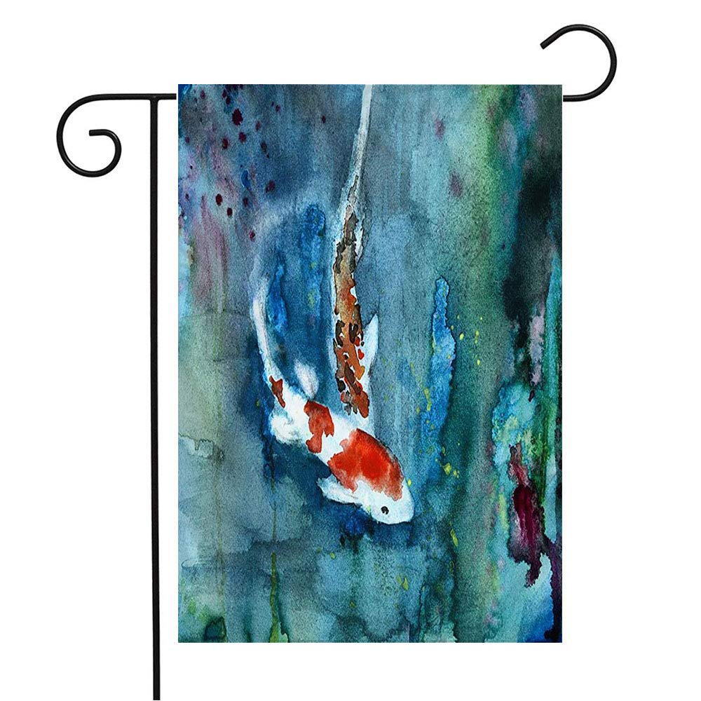 Blue Koi Carp Asian Watercolor Garden Flag - 12x18 Inch Outdoor Welcome Flag with Chinese Japanese Fish Design for Patio, Lawn & Home Decor - Perfect Gift for Pond Lovers & Seasonal Garden Display