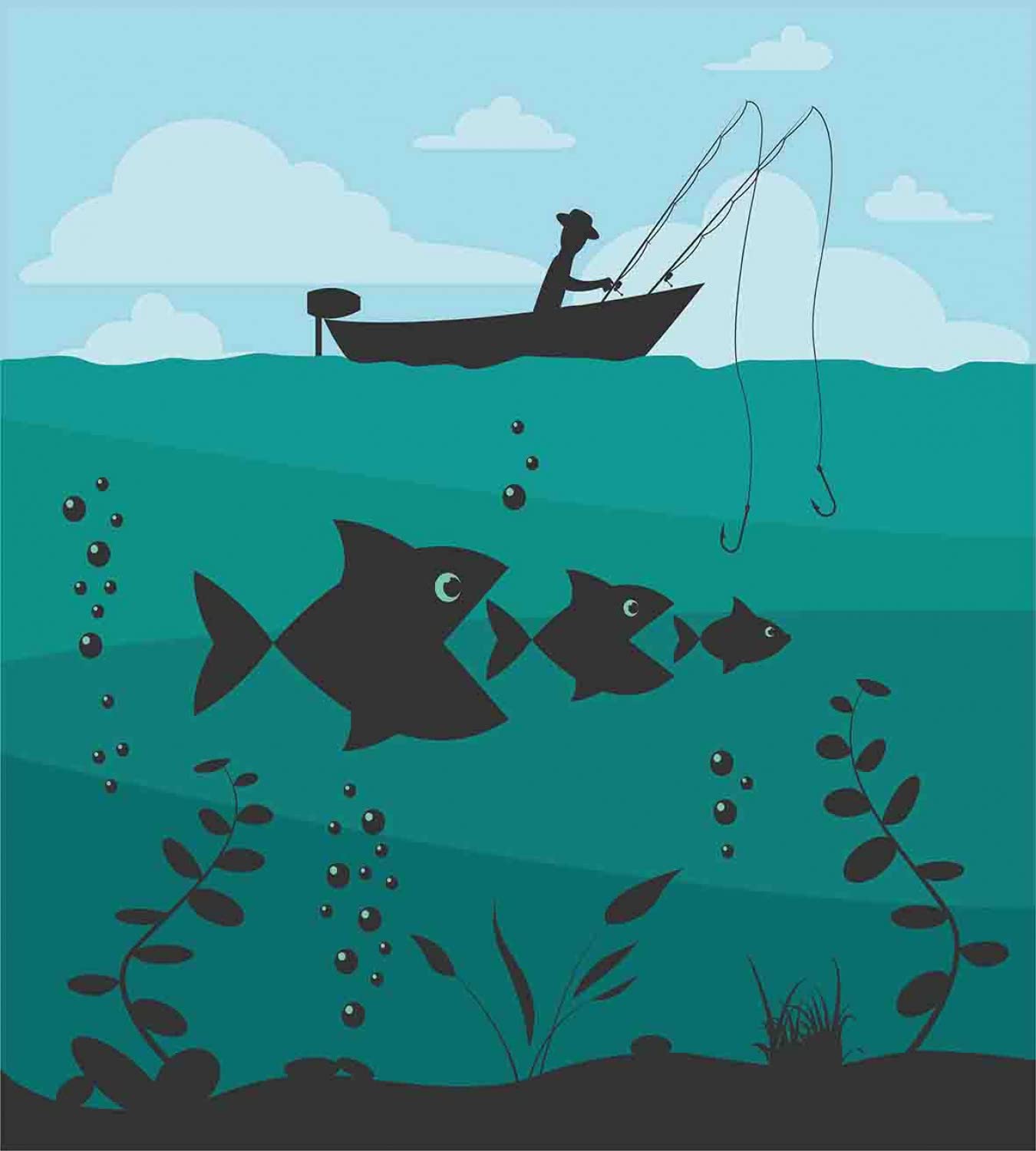 Ambesonne Fishing Duvet Cover Set - Nautical Marine Theme with Single Man in Boat & Bobbins Print - 2 Pack Queen Size Bedding Set (2 Duvet Covers + 4 Pillowcases) - Blue Teal Ocean Design - Perfect for Beach House Decor, Fishing Enthusiast Gifts & Coastal Bedroom Themes