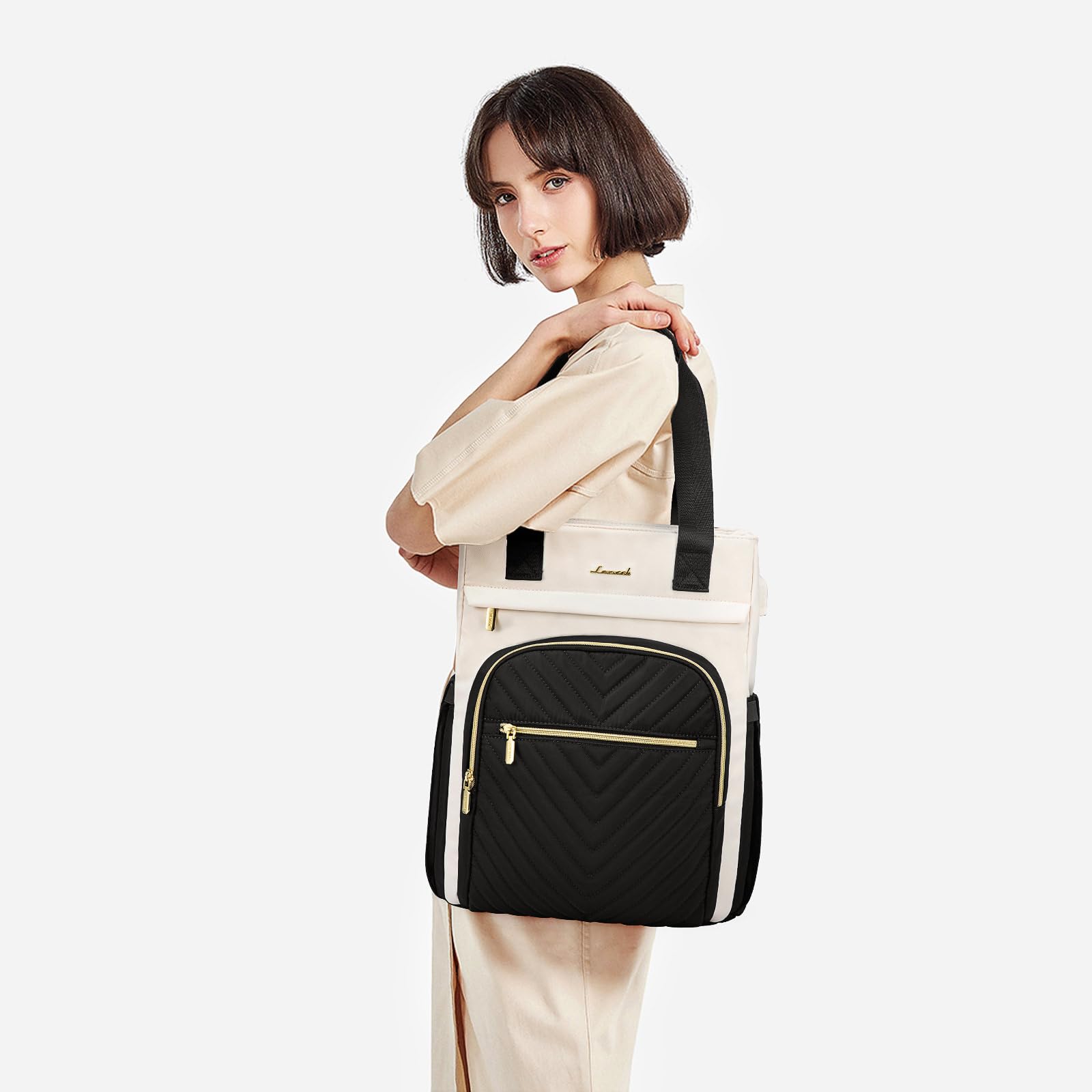 LOVEVOOK Women's 15.6 Inch Laptop Backpack - Waterproof Business Bag with USB Port, Wide Top Open Design for Work, Travel, School, and Daily Commute | Black-White