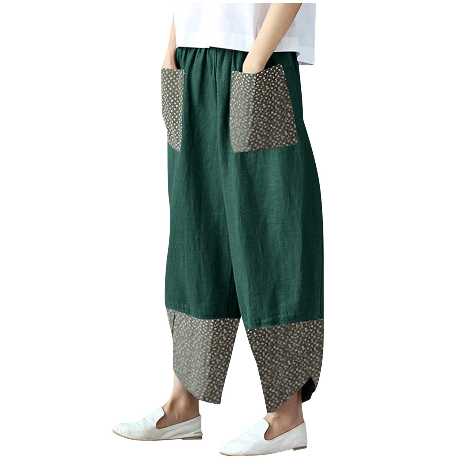 TEVEQ Women's Casual Cotton Linen Harem Pants - Wide Leg Cropped Summer Pants with Splicing Design | Perfect for Beach, Yoga, and Boho Outfits