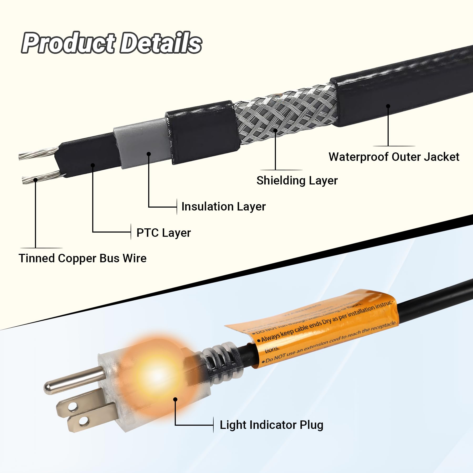 Self-Regulating Heat Tape for Roof and Gutters - 150FT, 8 Watts/ft Roof Heating Cable with 60PCS Clips & Spacers, LED Plug - Prevent Ice Dams & Pipe Freeze - Ideal for Winter Roof Protection, Gutter Heating, and Snow Melting