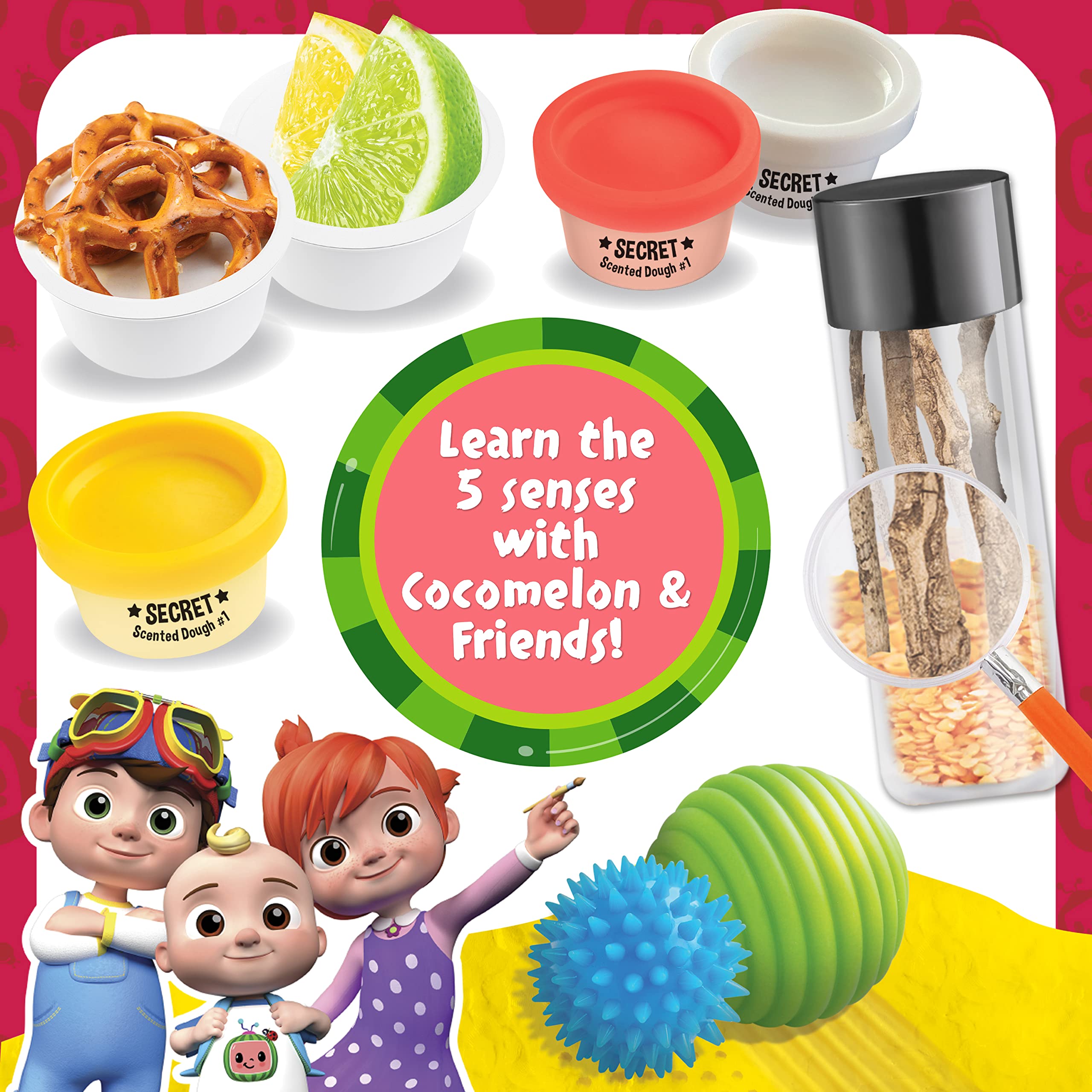 Cocomelon Kids Sensory Science Kit - 5 Fun STEM Learning Experiments with Scented Play Dough, Textured Sensory Balls & Magnifying Glass - Perfect for Preschool Learning, Birthday Gifts & Classroom Activities