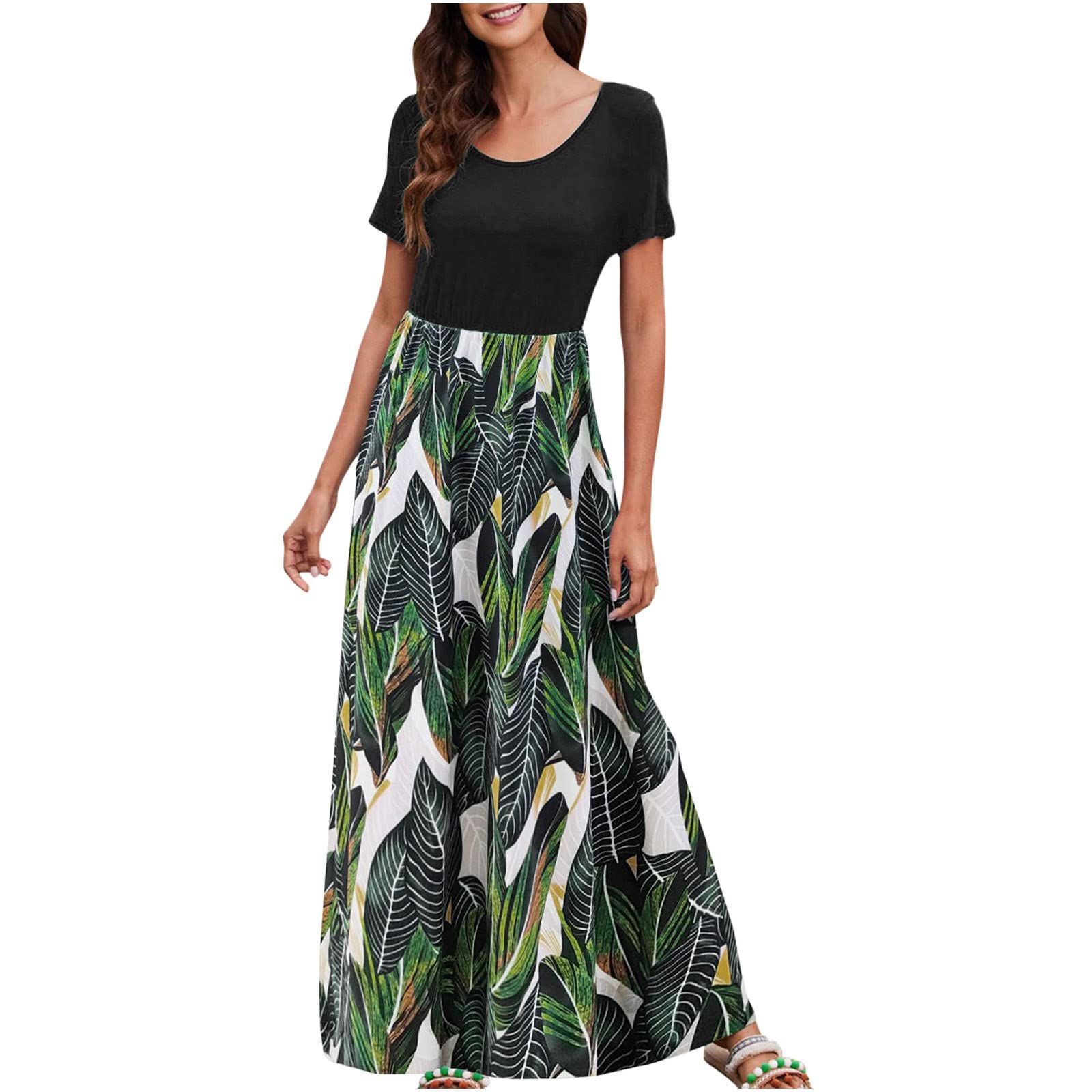 Women's Summer Floral Printed Long Maxi Dress - Casual Crewneck Short Sleeve Jacquard Dress for Beach, Vacation & Outdoor Parties