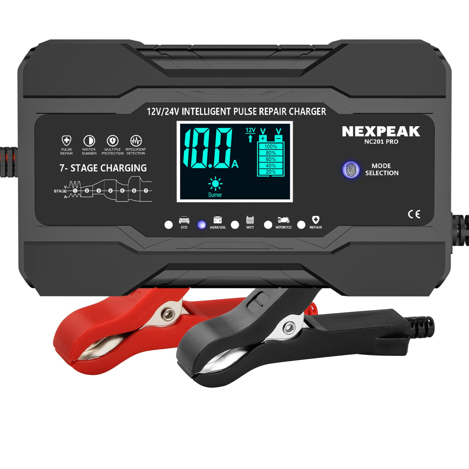 NEXPEAK 10-Amp Smart Car Battery Charger - 12V/24V Fully Automatic Trickle Charger & Maintainer with Temperature Compensation for Trucks, Motorcycles, Lawn Mowers, Boats & Marine Lead Acid Batteries - Ideal for Winter Storage, RV Maintenance & Long-Term Vehicle Preservation