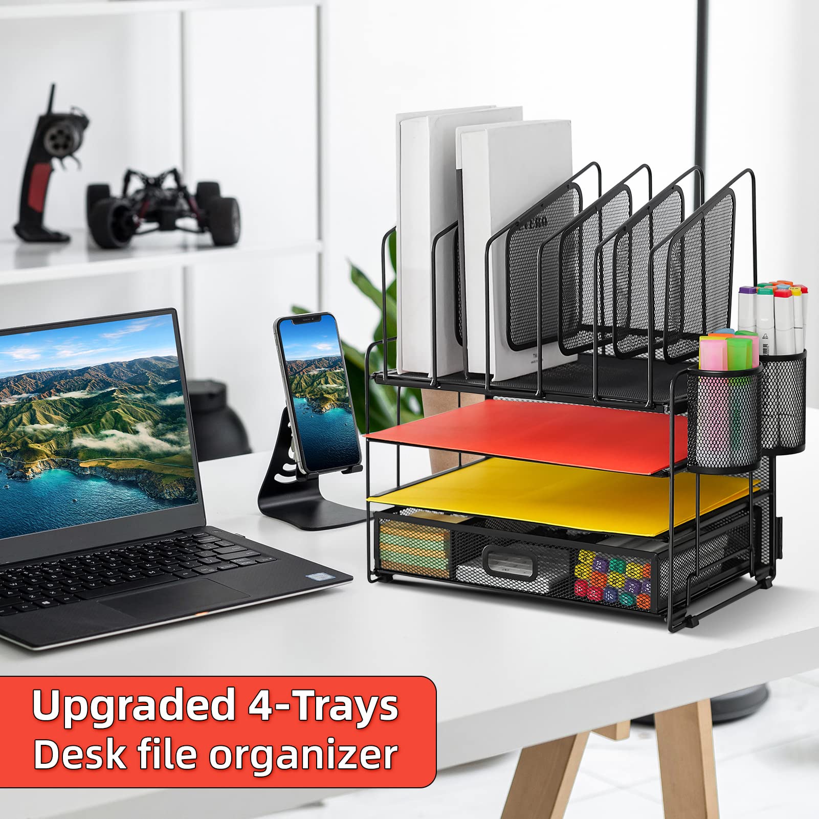 Marbrasse 4-Tier Mesh Desk Organizer with Drawer - 5 Vertical File Holders & 2 Pen Holders - Multifunctional Office Desktop Storage Solution for Home, Office, and Workspace Organization
