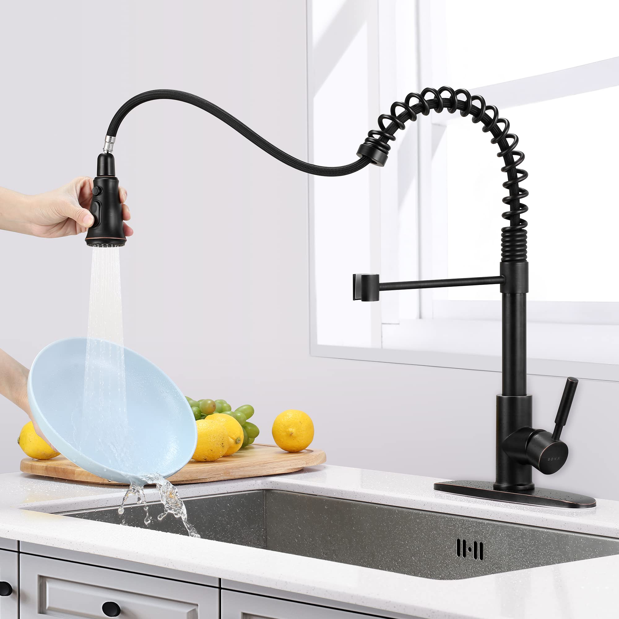 Oil Rubbed Bronze Commercial Kitchen Faucet with Pull Down Sprayer - Single Handle Modern RV Faucet with Deck Plate - 3 Function Laundry Sink Faucet for Restaurants, Food Trucks & Home Kitchens