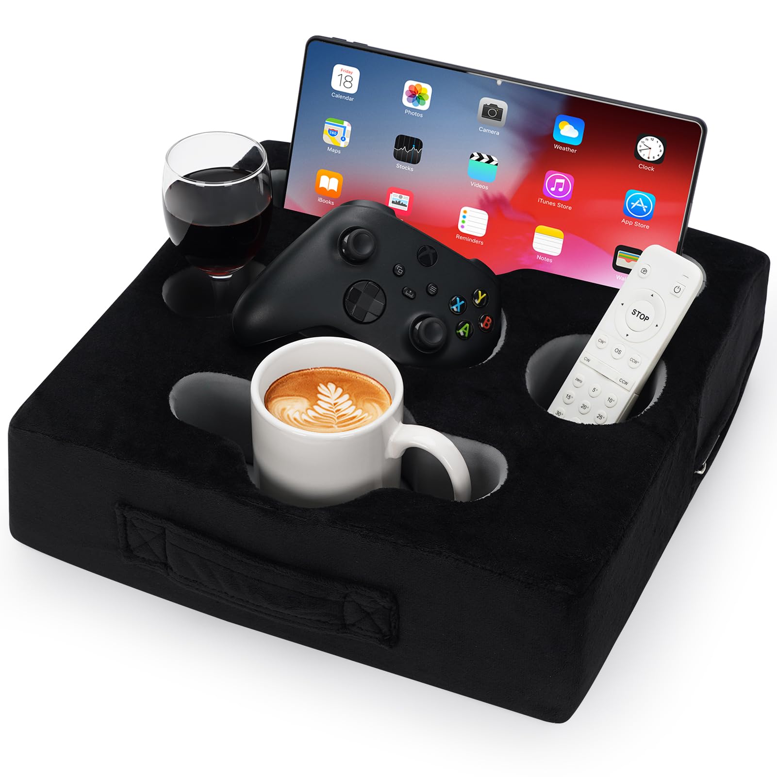 STBoo Couch Cup Holder Pillow Tray - Sofa Drink Holder with Snack & Phone Organizer | Portable Multi-Use Bed Caddy for Remote, Beverage, Tablet | Perfect for Car, Beach, RV, Boat, Bedroom & Outdoor Activities (Black)