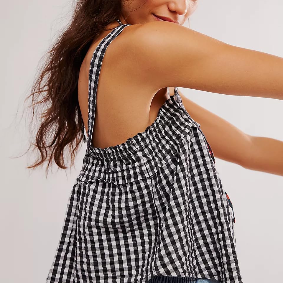 Y2K Women's Plaid Tank Top - Cute Gingham Tie Front Sleeveless Backless Peplum Camisole for Summer | Streetwear Fashion, Going Out Tops, Casual Outfits & Party Wear
