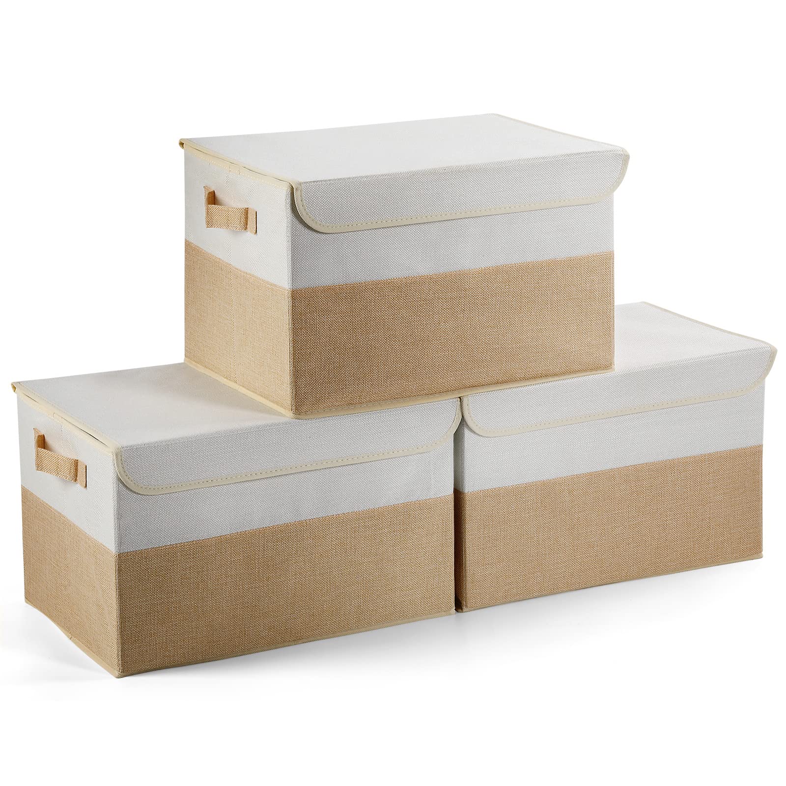 Foldable Storage Bins with Lids - 3-Pack Organizers for Toys, Clothes & Books - Beige & White