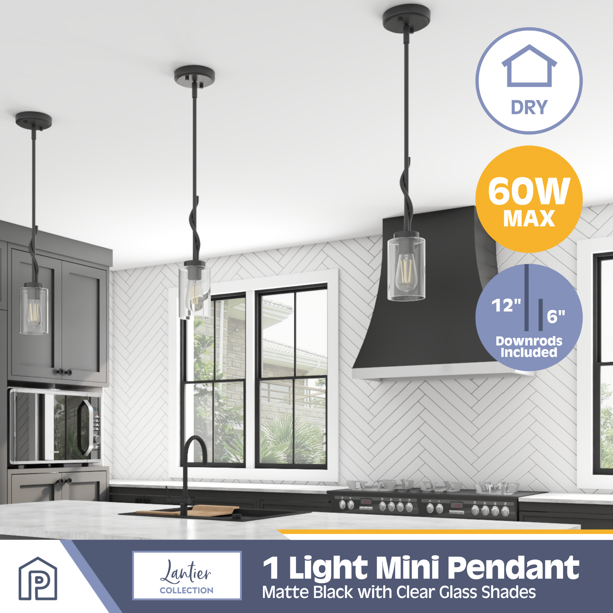 1 Light Lantier Mini Pendant Light Fixture - Matte Black Finish with Clear Glass Shade - Perfect for Kitchen Island, Dining Room, or Entryway Lighting