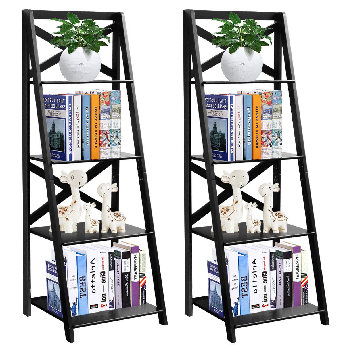 Tangkula 4-Tier Ladder Shelf Bookcase Set of 2 - Free Standing Wooden Leaning Bookshelf for Home & Office - Storage Shelf for Books, Plants, Flowers & Decor - Perfect for Living Room, Bedroom & Workspace Organization