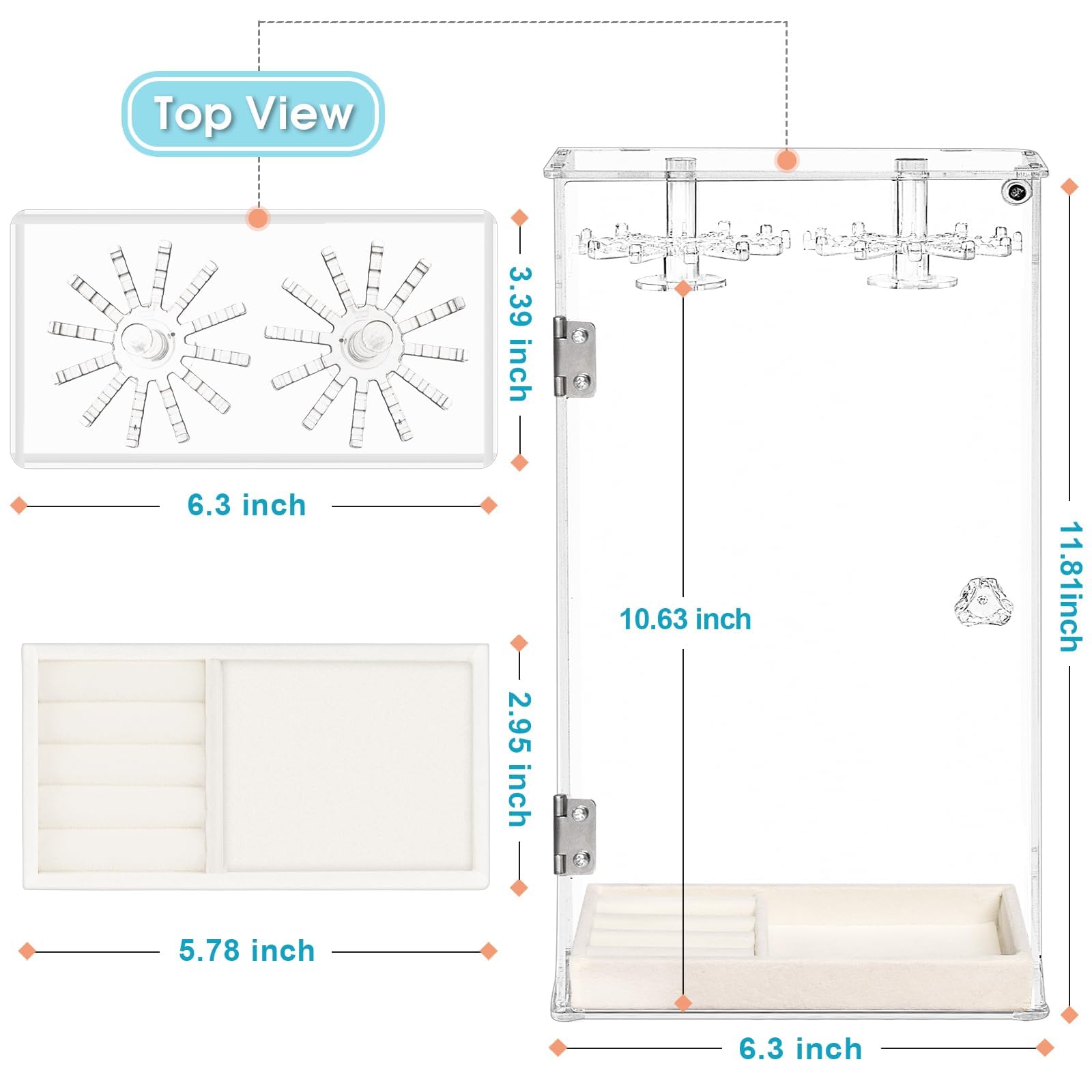 Clear Rotatable Acrylic Necklace Holder & Jewelry Organizer Display Case - Beige Velvet Tray for Rings, Earrings, Pendants & Bracelets | Perfect for Closet, Vanity & Retail Store Jewelry Display