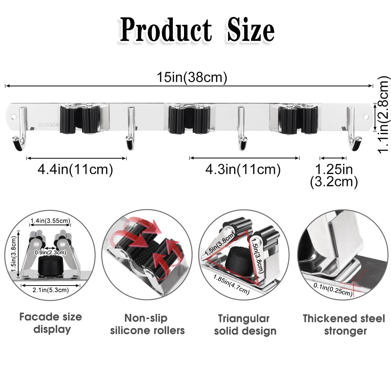 2 Pack Heavy Duty Stainless Steel Broom and Mop Holder Wall Mount - 3 Racks & 4 Hooks Garage Organizer, Self-Adhesive Non-Slip Wall Hangers for Home Kitchen Garden - Perfect for Garage, Pantry, and Laundry Room Storage Solutions