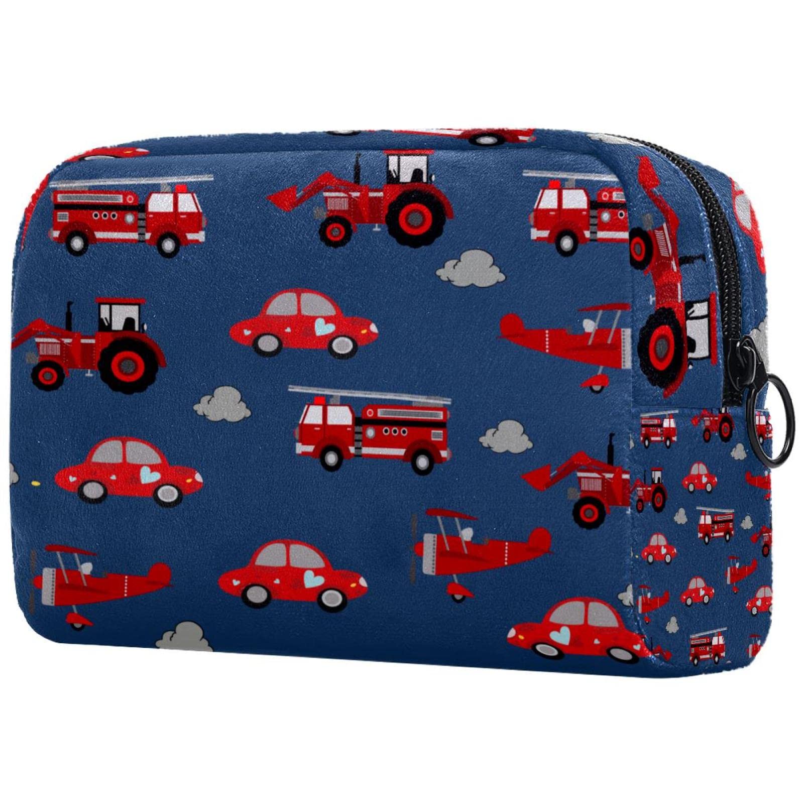 Women's Small Makeup Bag - Travel Cosmetic Organizer with Car Tractor Bulldozer Fire Truck Print | Perfect for Daily Use, Travel & Gift Giving