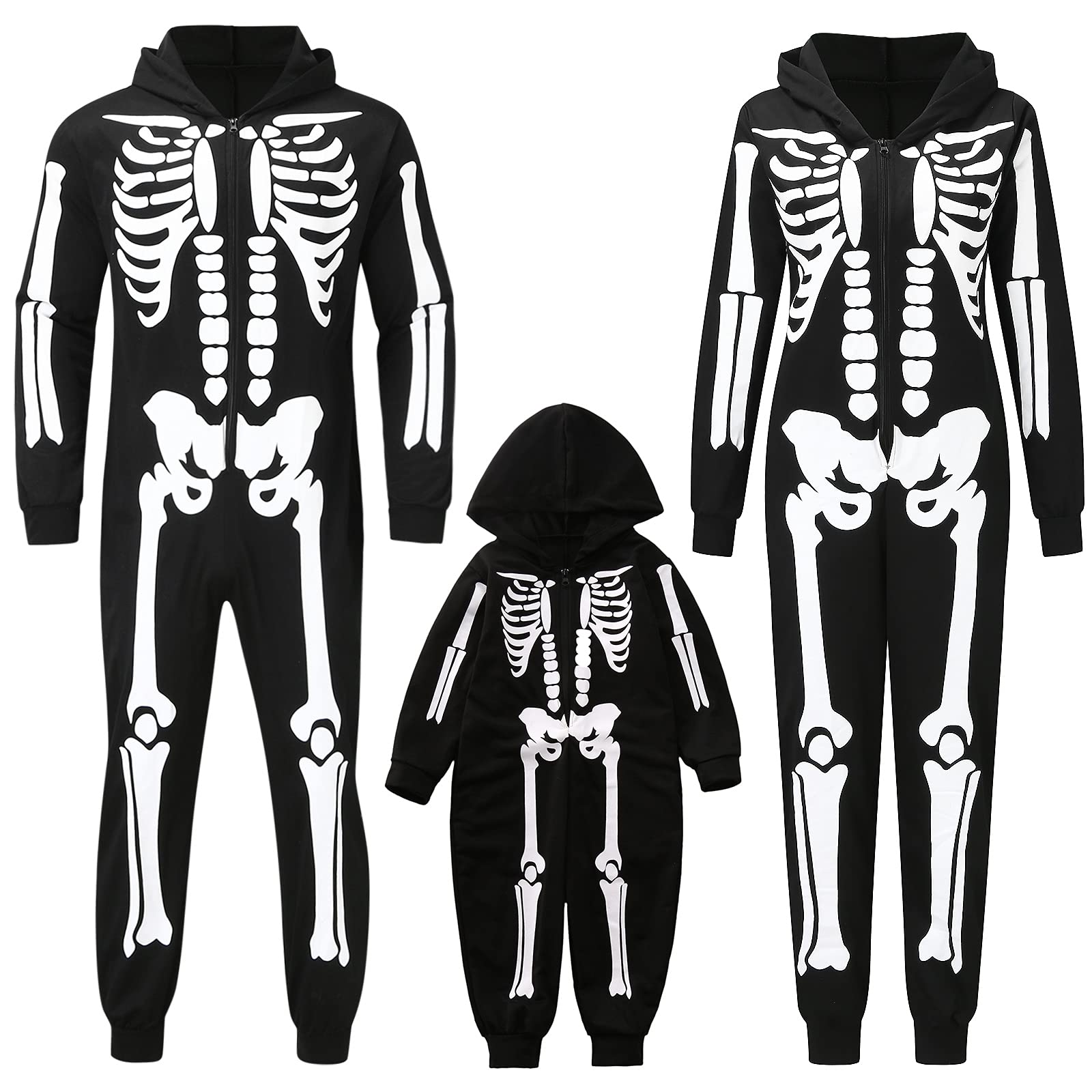 **Halloween Family Matching Skeleton Print Hoodie & Jumpsuit Set - Zip-Up Romper Pajamas for Couples, Kids & Adults - Cozy Halloween Costume Outfit for Parties, Trick-or-Treating & Family Photos**