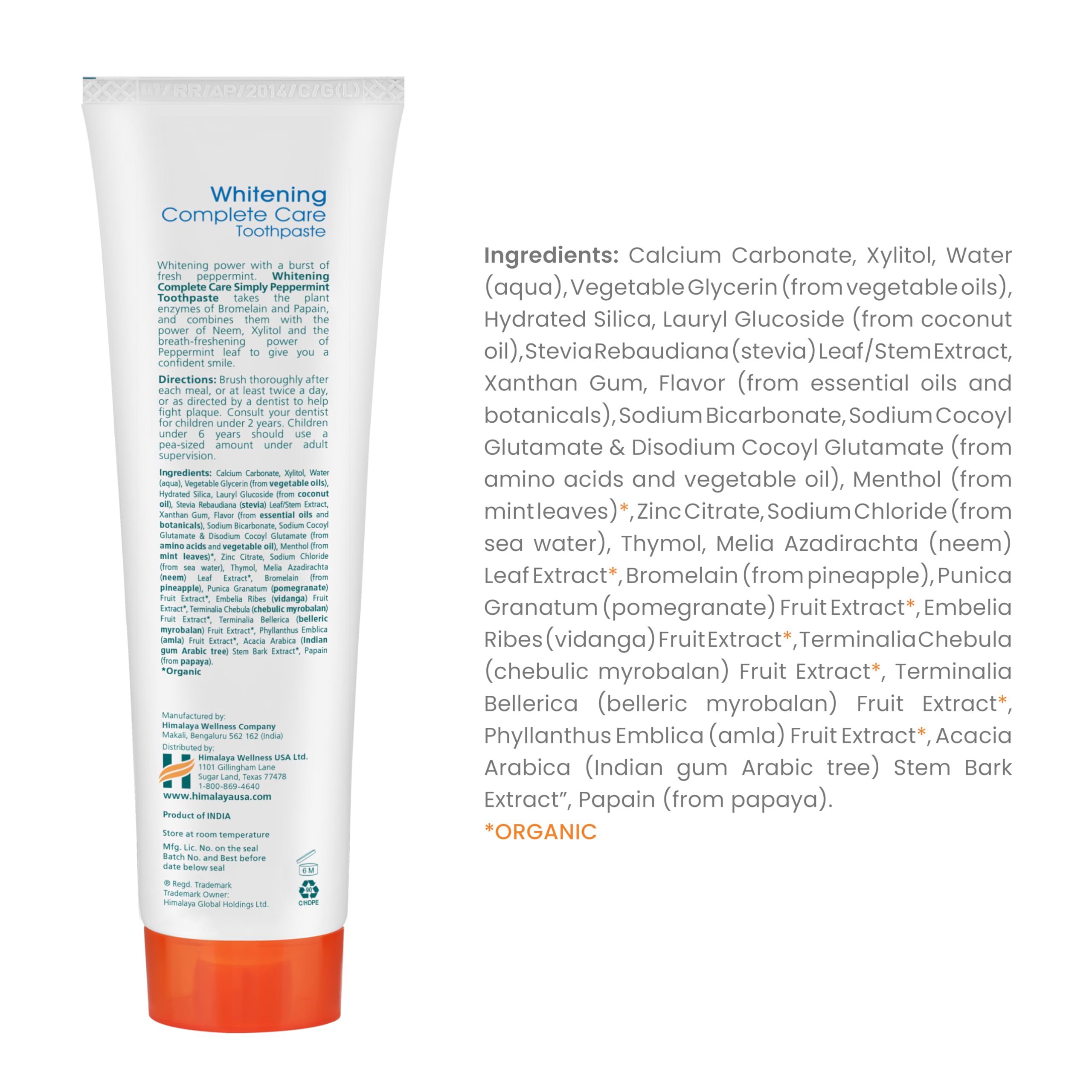 Himalaya Botanique Complete Care Whitening Toothpaste - Fluoride Free, Simply Peppermint Flavor for Clean Mouth, Whiter Teeth & Fresh Breath - 5.29 oz (4-Pack) | Natural Oral Care for Daily Use at Home or Travel
