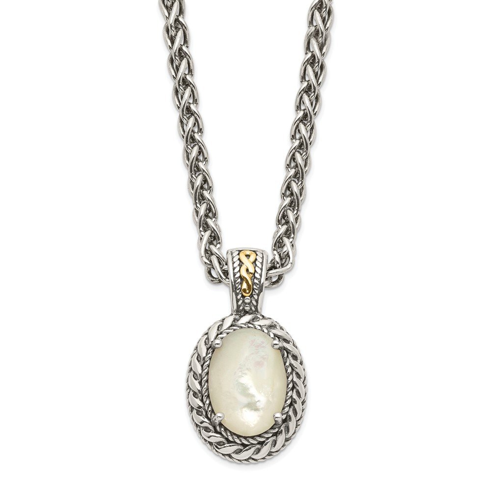 Vintage 925 Sterling Silver 14k Yellow Gold MOP Pendant Necklace with Lobster Clasp - 18