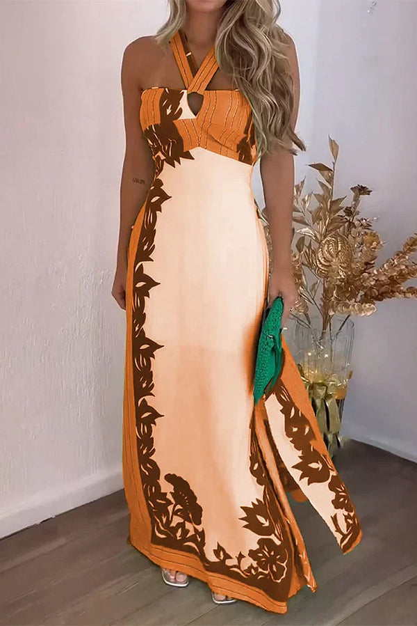 Unique Print Halter Neck Hollow Back Tie Maxi Dress - Flowy Summer Beach Dress for Women, Boho Chic Party & Vacation Outfit