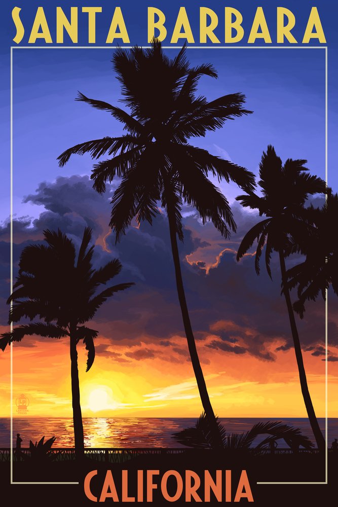 Lantern Press 16x24 Inch Giclee Art Print - Santa Barbara California Coastal Sunset with Palm Trees - Wall Decor for Living Room, Bedroom & Office