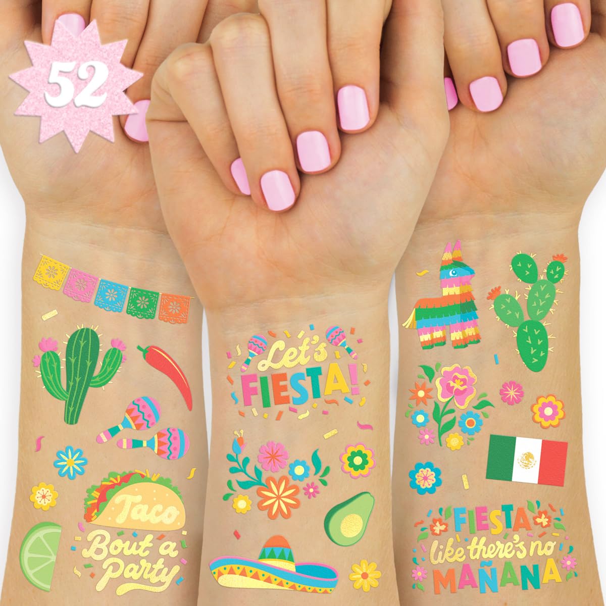 Fetti Fiesta Party Supplies - 52 Metallic Temporary Tattoos for Cinco De Mayo, Bachelorette Parties & Mexican Themed Decorations | Perfect for Celebrations, Festivals & Themed Events
