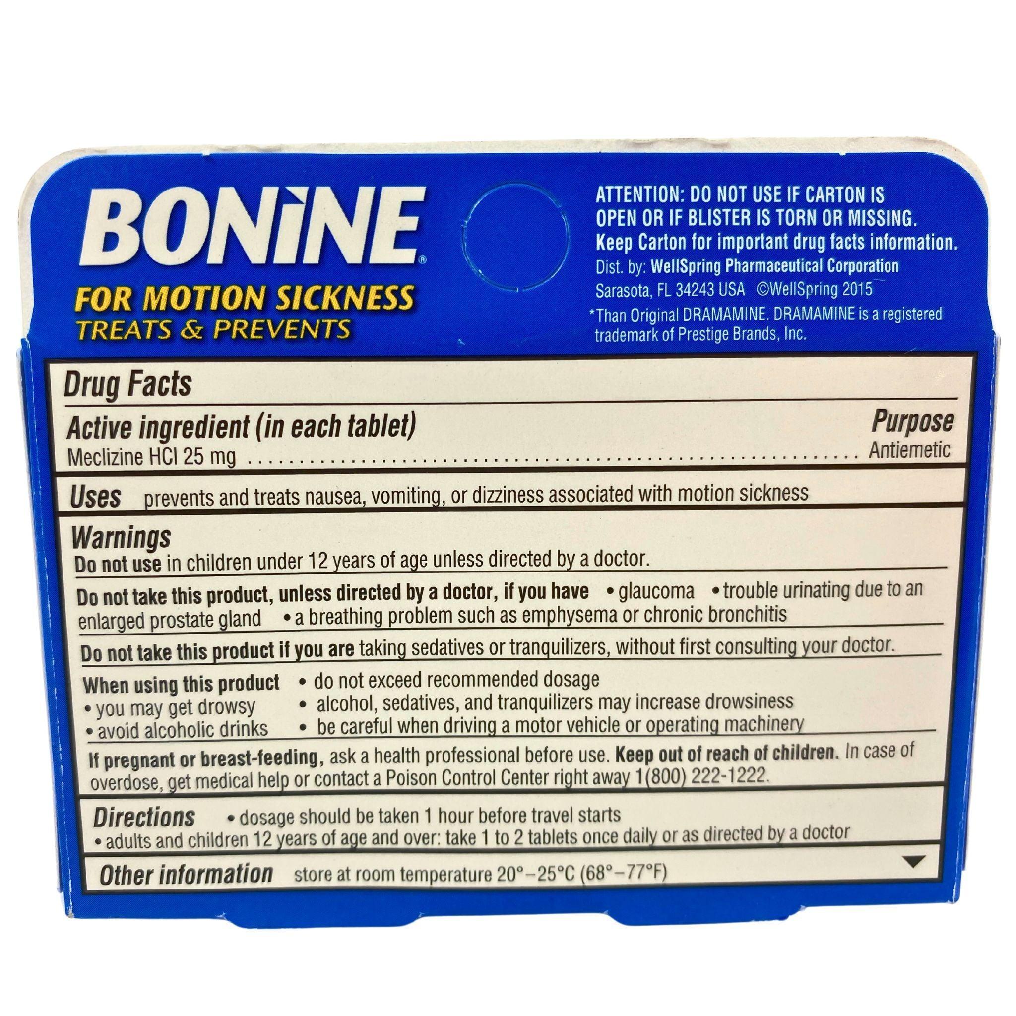 Bonine Meclizine Hydrochloride Motion Sickness Relief Tablets - 50 Count - Prevent Nausea & Dizziness for Travel, Cruises & Vertigo - Non-Drowsy Formula