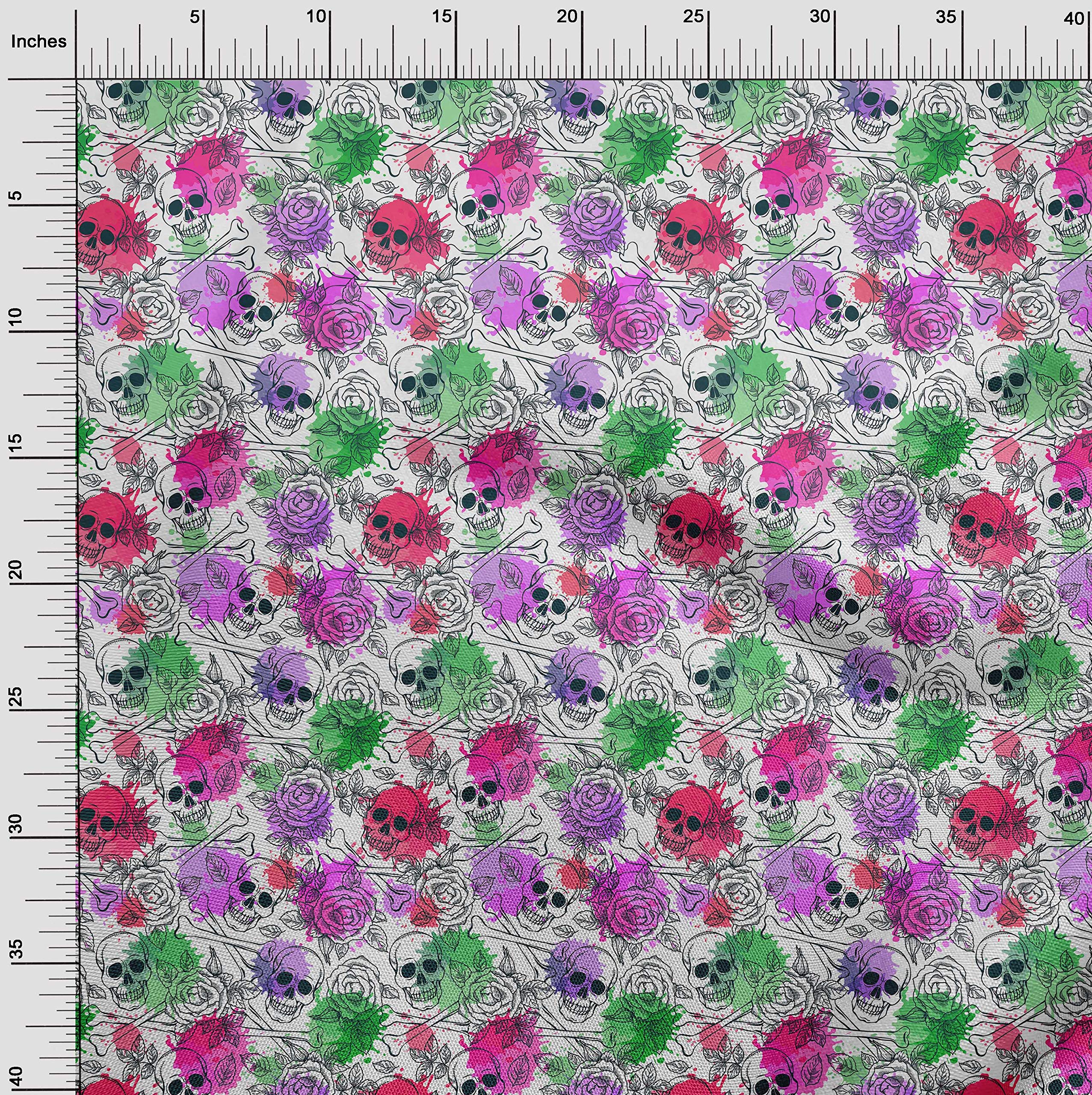 oneOone Cotton Cambric Pink Floral & Skull Print Fabric by The Yard - 56 Inch Wide Dress Material for DIY Clothing, Quilting, and Home Decor Projects