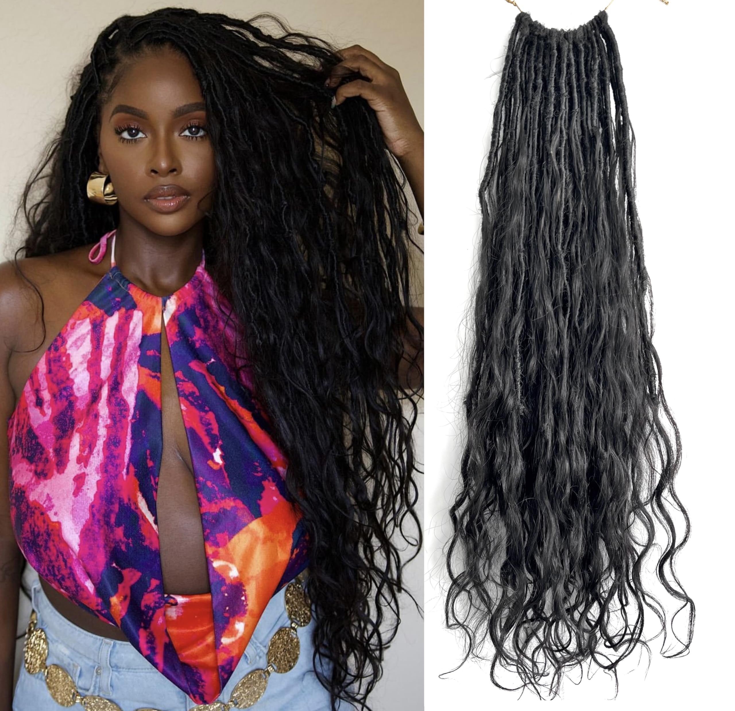 Boho Faux Locs Crochet Braiding Hair - 22 Inch Human Hair Extensions with Loose Wave Curls & Full Ends (48 Strands, Natural Color) for Black Women - Perfect for Protective Styling, Weddings & Everyday Wear